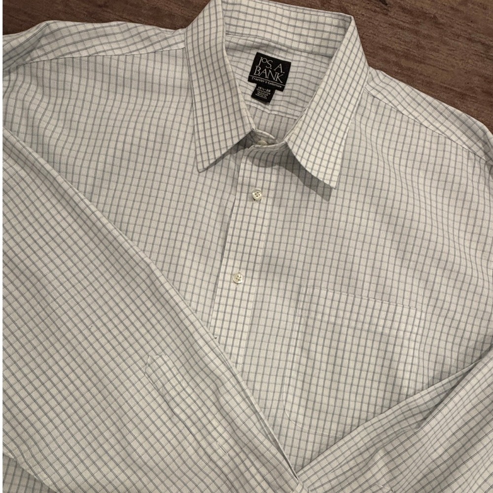Jos. A. Bank Mens 18.5 36 Traveler's Collection Blue Grid Cotton Dress Shirt